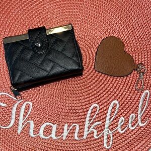 Generic quilted, black snap wallet with brown, pho, leather heart keychain EUC